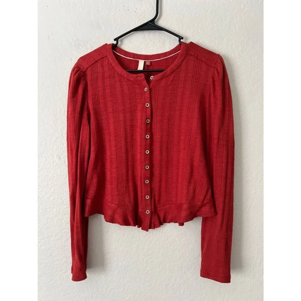 Like New! Anthropologie Pilcro Ribbed Knit Button Front Puff Sleeve Top in M